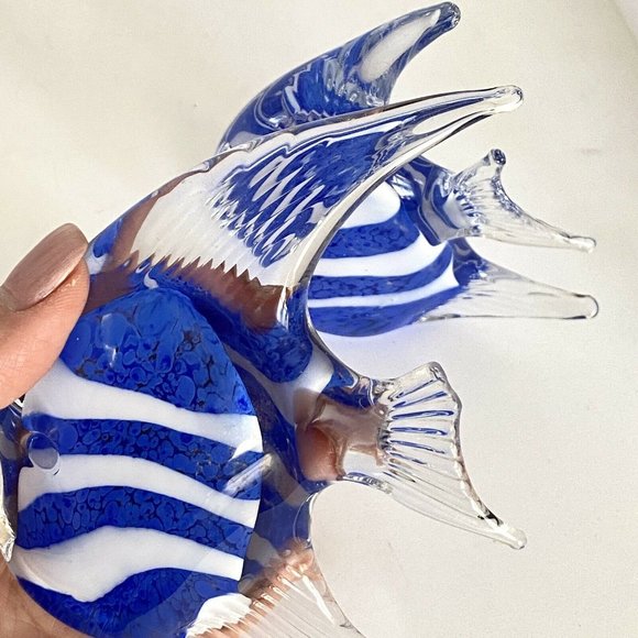 Glass Kissing Fish Sculpture Pair Blue White - Picture 7 of 9